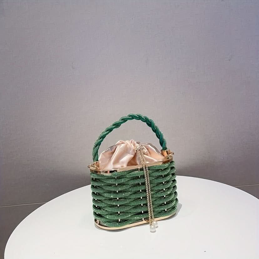 Colorful Rhinestone Drawstring Evening Bag, Chain Purse
