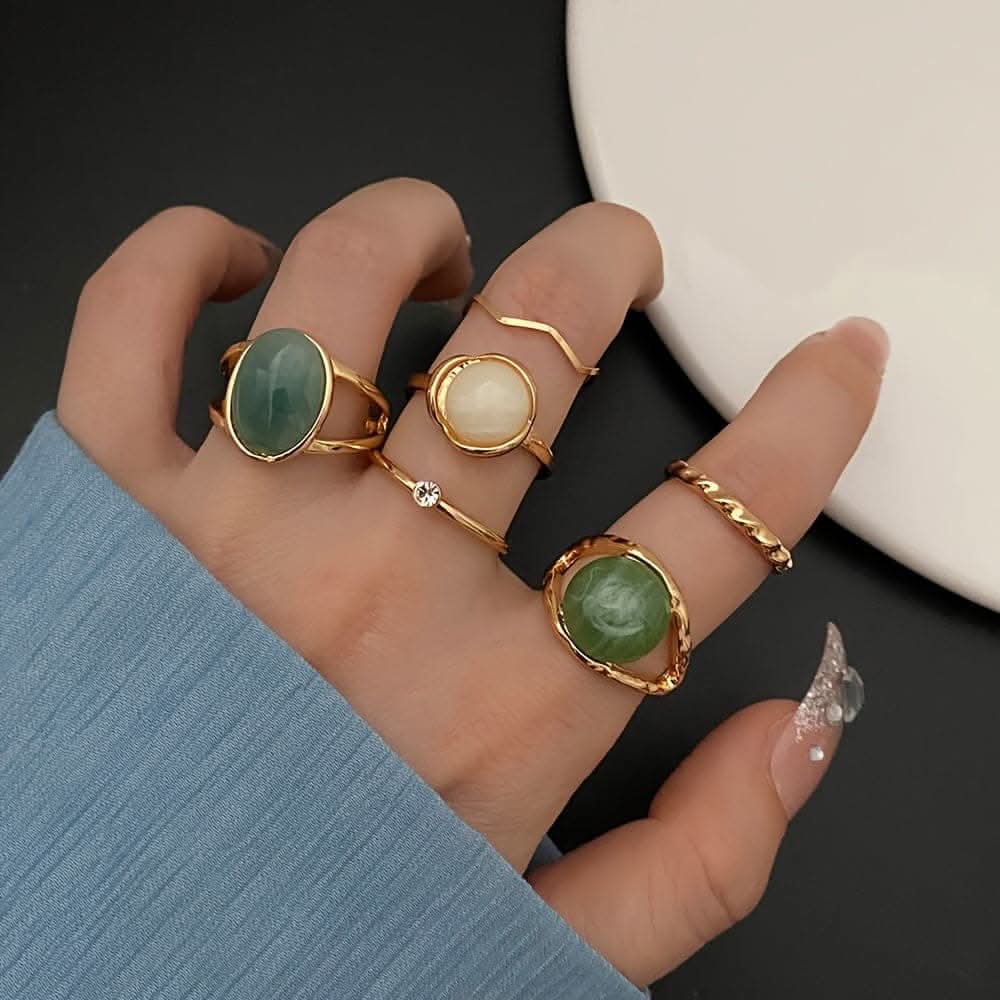 Golden-Tone Ring Set with Green Gemstones – 6-Piece