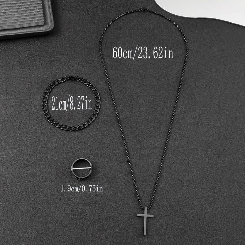 3pcs Men's Stainless Steel Jewelry Set – Cross Necklace, Bracelet, Ring