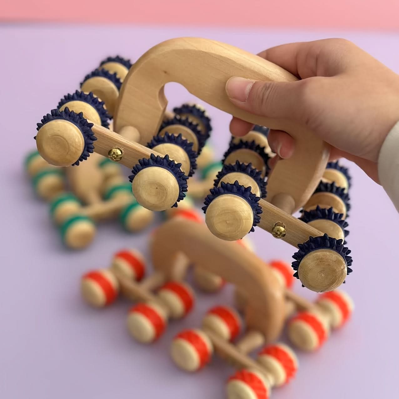 Wooden Massage Roller for Full Body Stress Relief - 16-Wheel Handheld Massager