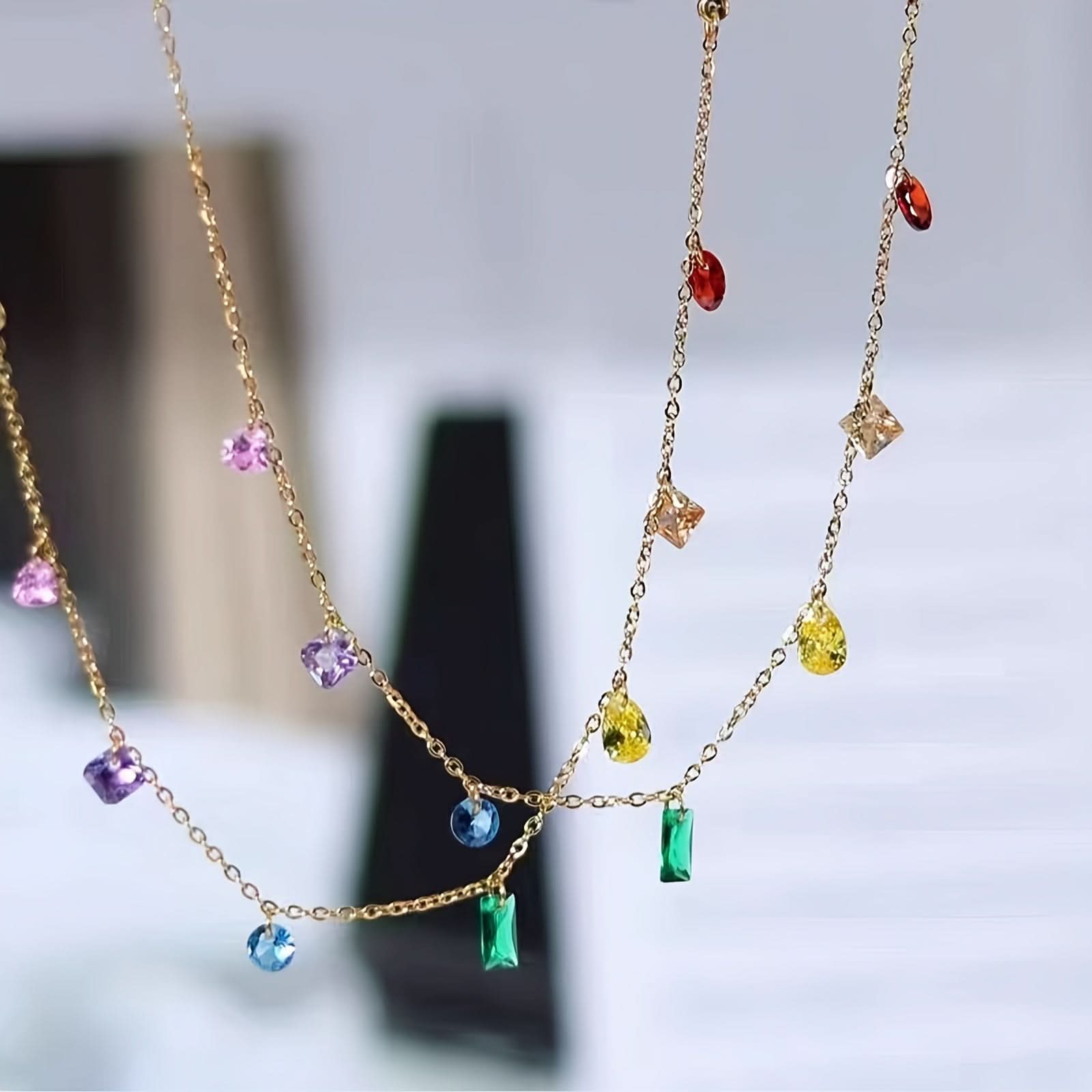 Stainless Steel Charm Necklace with Multicolor Cubic Zirconia