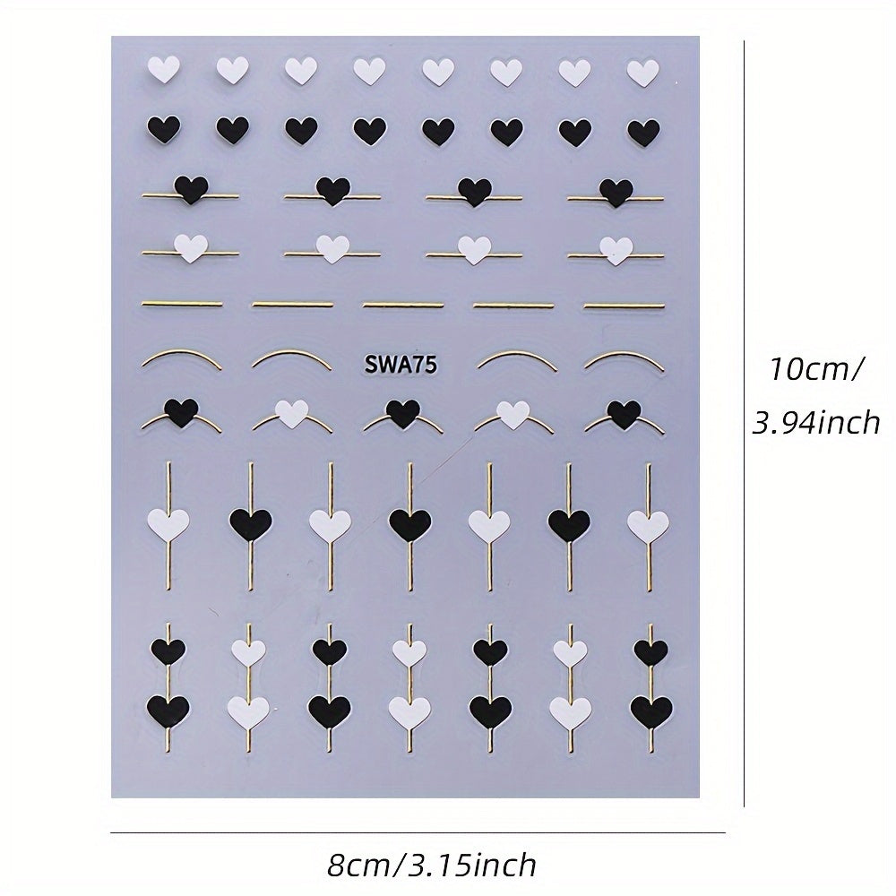 5-Piece Gold Line & Heart Nail Art Stickers – Black & White Valentine's DIY Set