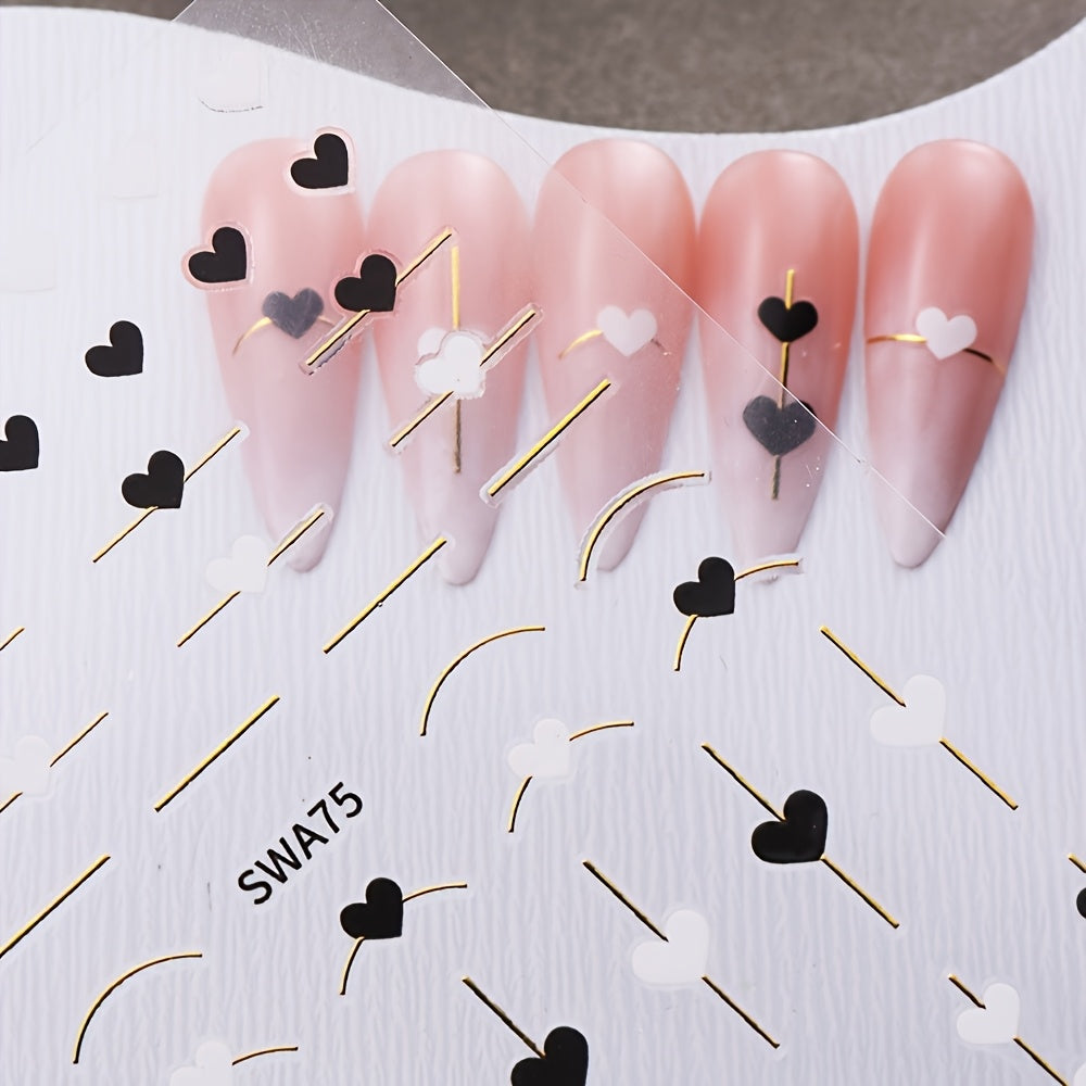 5-Piece Gold Line & Heart Nail Art Stickers – Black & White Valentine's DIY Set