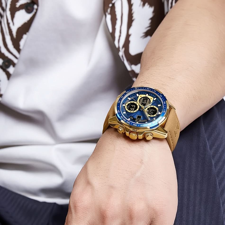Men's Sports Dual Display Quartz Watch, Waterproof, Leather Strap
