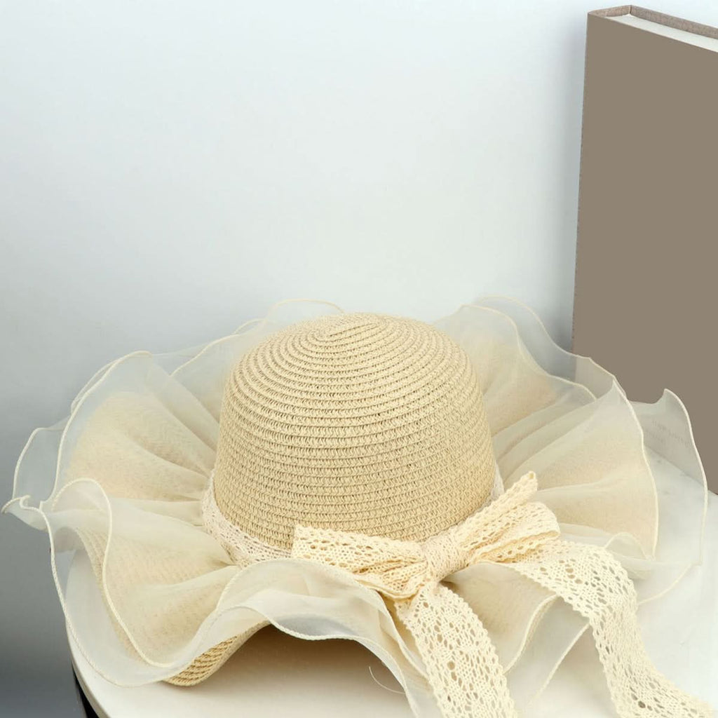 Women's Linen Straw Bucket Hat with Bow – Mesh Patchwork Wide Brim Sun Visor