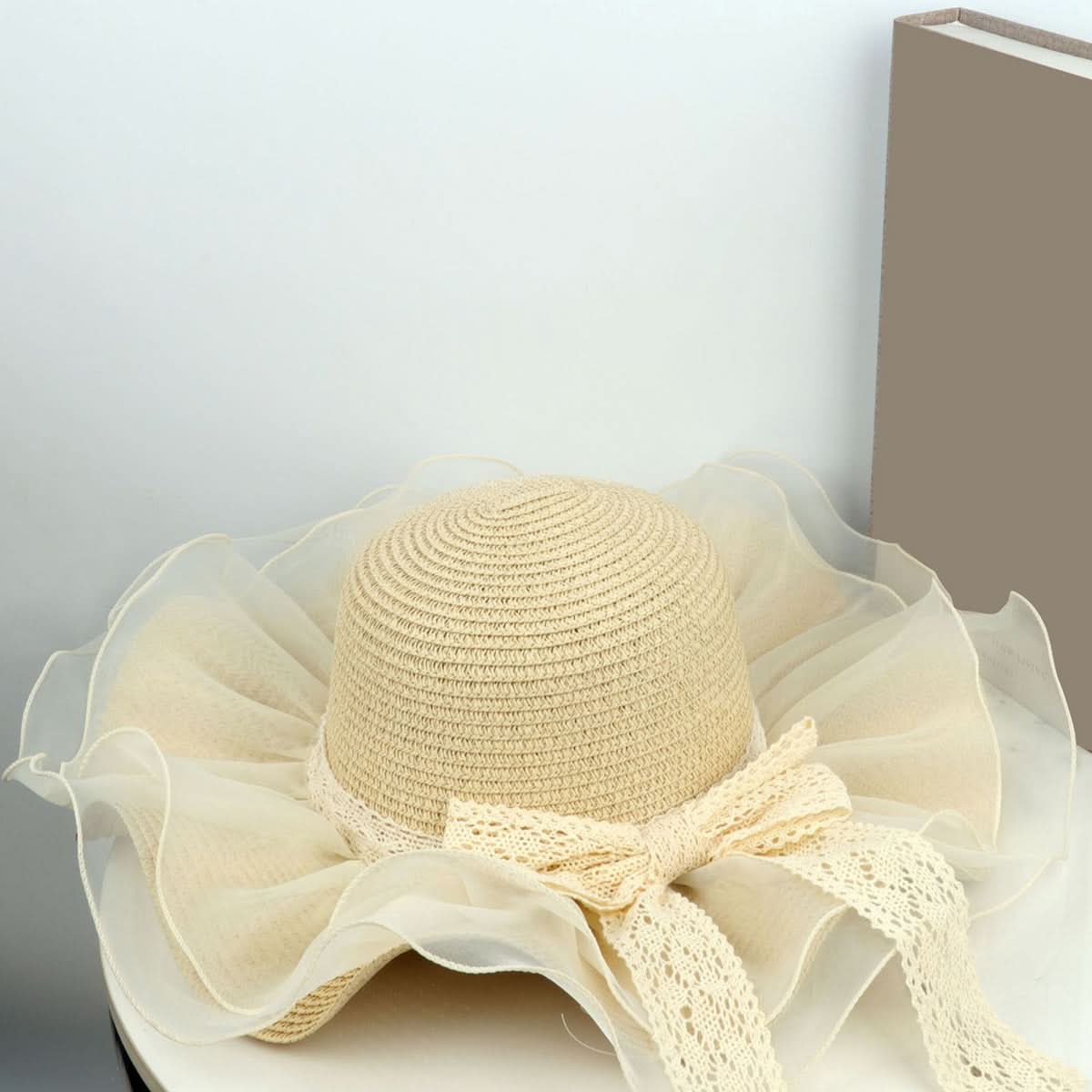 Women's Linen Straw Bucket Hat with Bow – Mesh Patchwork Wide Brim Sun Visor