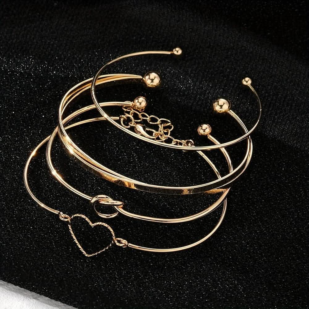 4pcs Golden Knotted Love Cuff Bangle Set – Stackable Alloy Bracelets