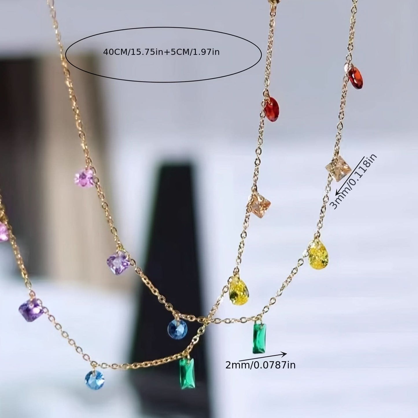 Stainless Steel Charm Necklace with Multicolor Cubic Zirconia
