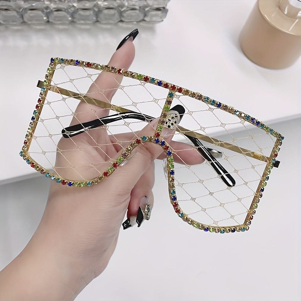 Luxury Rhinestone Mesh Shield Glasses for Women - Sparkling Square Eyewear, Protective Lens
