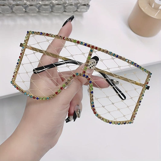 Luxury Rhinestone Mesh Shield Glasses for Women - Sparkling Square Eyewear, Protective Lens
