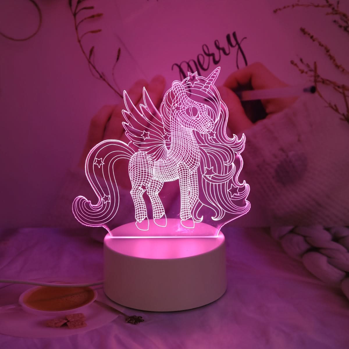 3D Unicorn Night Light - USB Powered Pink LED Lamp