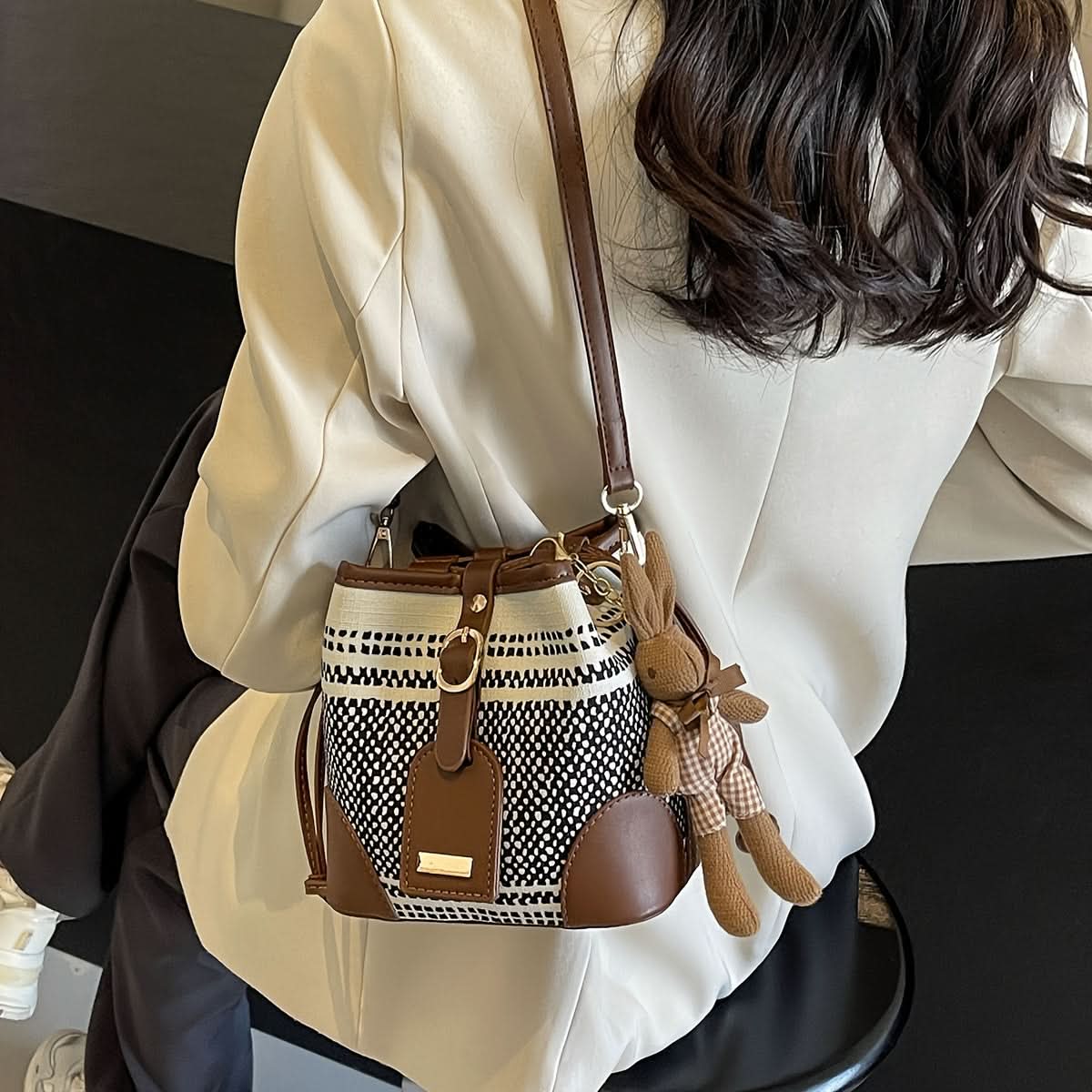 Women's Mini Contrast Color Canvas Shoulder Bag with Bunny Pendant