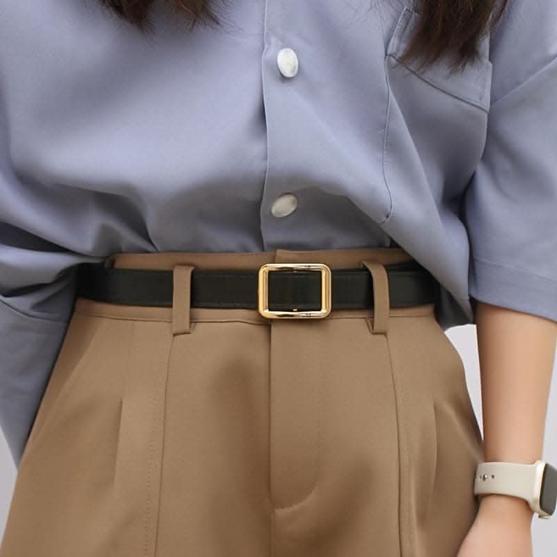Vintage-Inspired Golden Square Buckle Belt – Classic PU Waistband