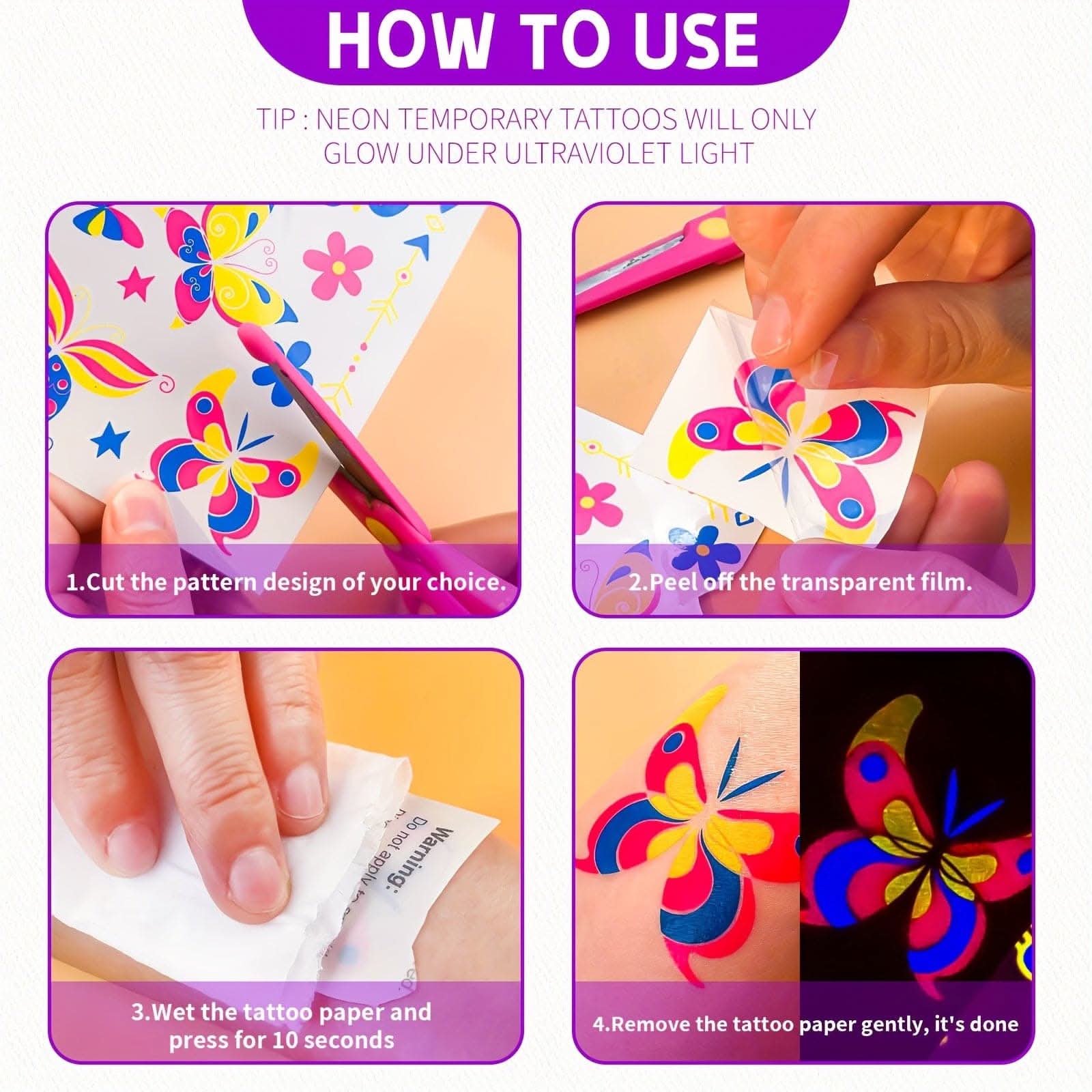 20 Sheets Fluorescent Temporary Tattoo Stickers – Neon Light, Waterproof Accessories