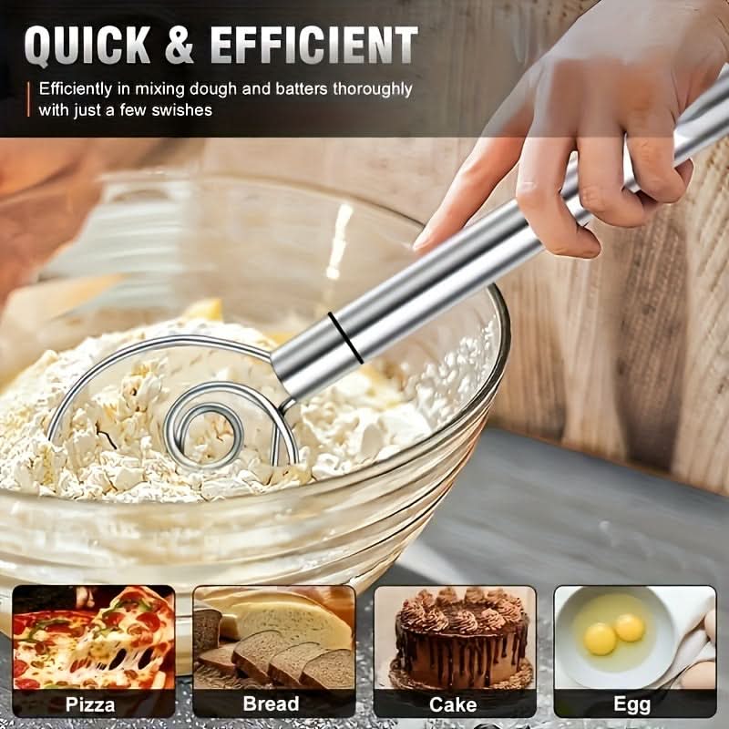 Stainless Steel Dough Mixer with Scraper - Handheld Dual-Hole Whisk