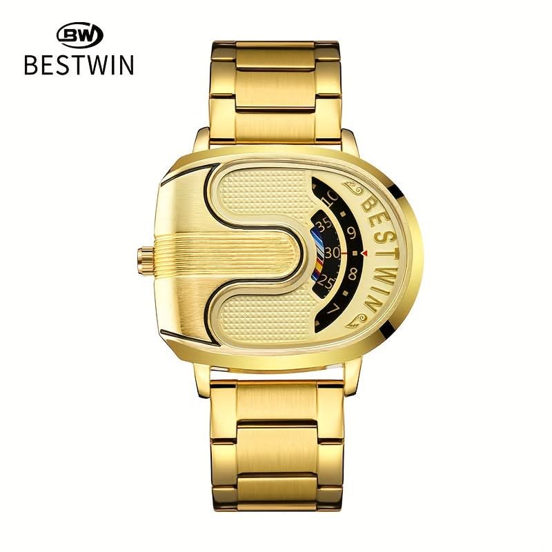 Men’s U-Shaped Digital Quartz Watch – Stainless Steel Band, Date & Stopwatch
