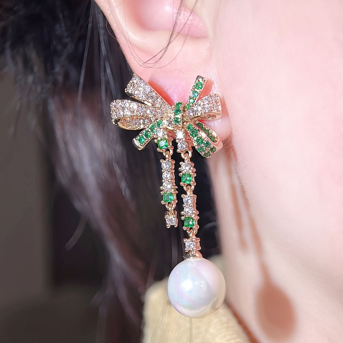 Faux Pearl Bow Dangle Earrings with Zircon
