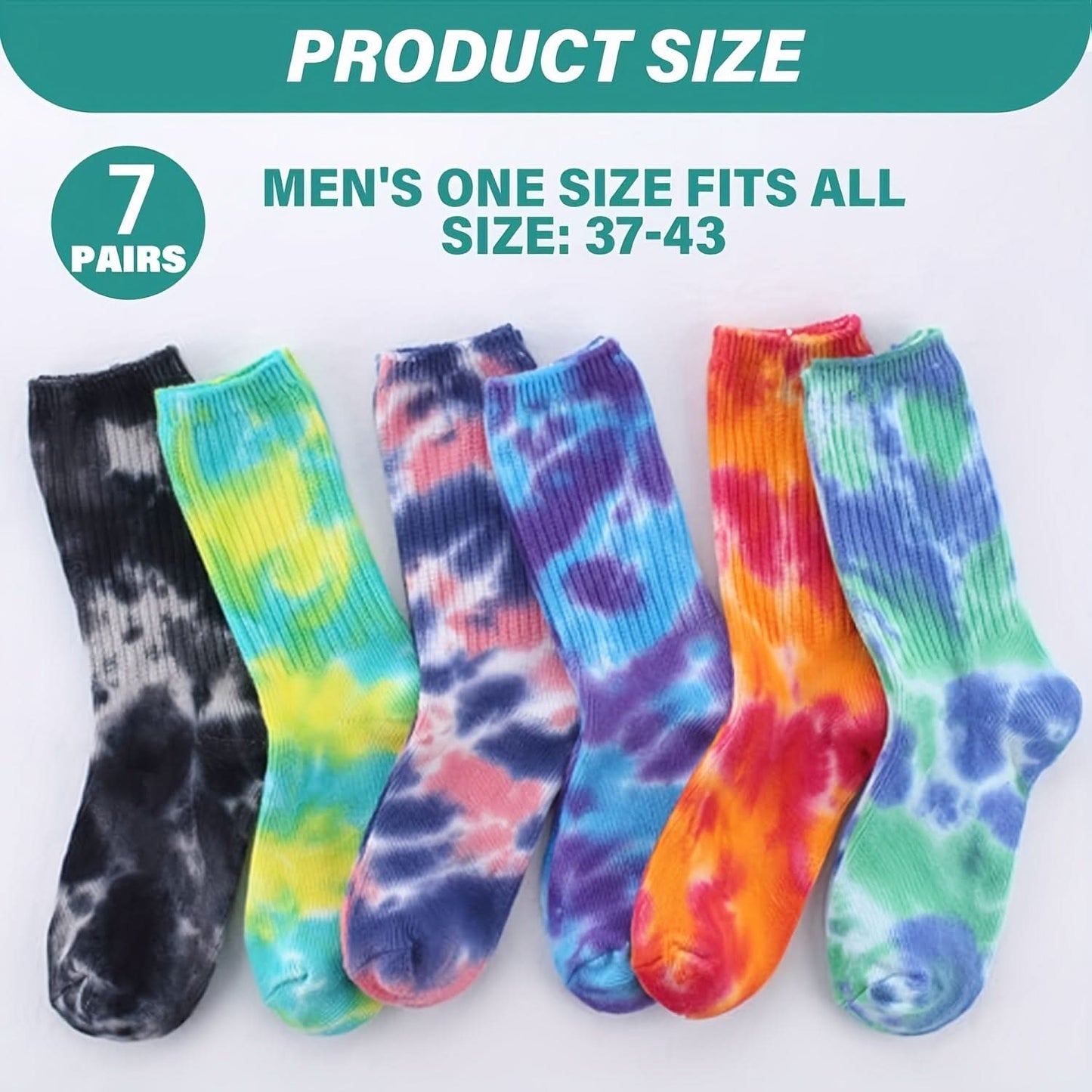 7-Pair Tie Dye Crew Socks Set – Unisex Street Style Mid Tube Socks