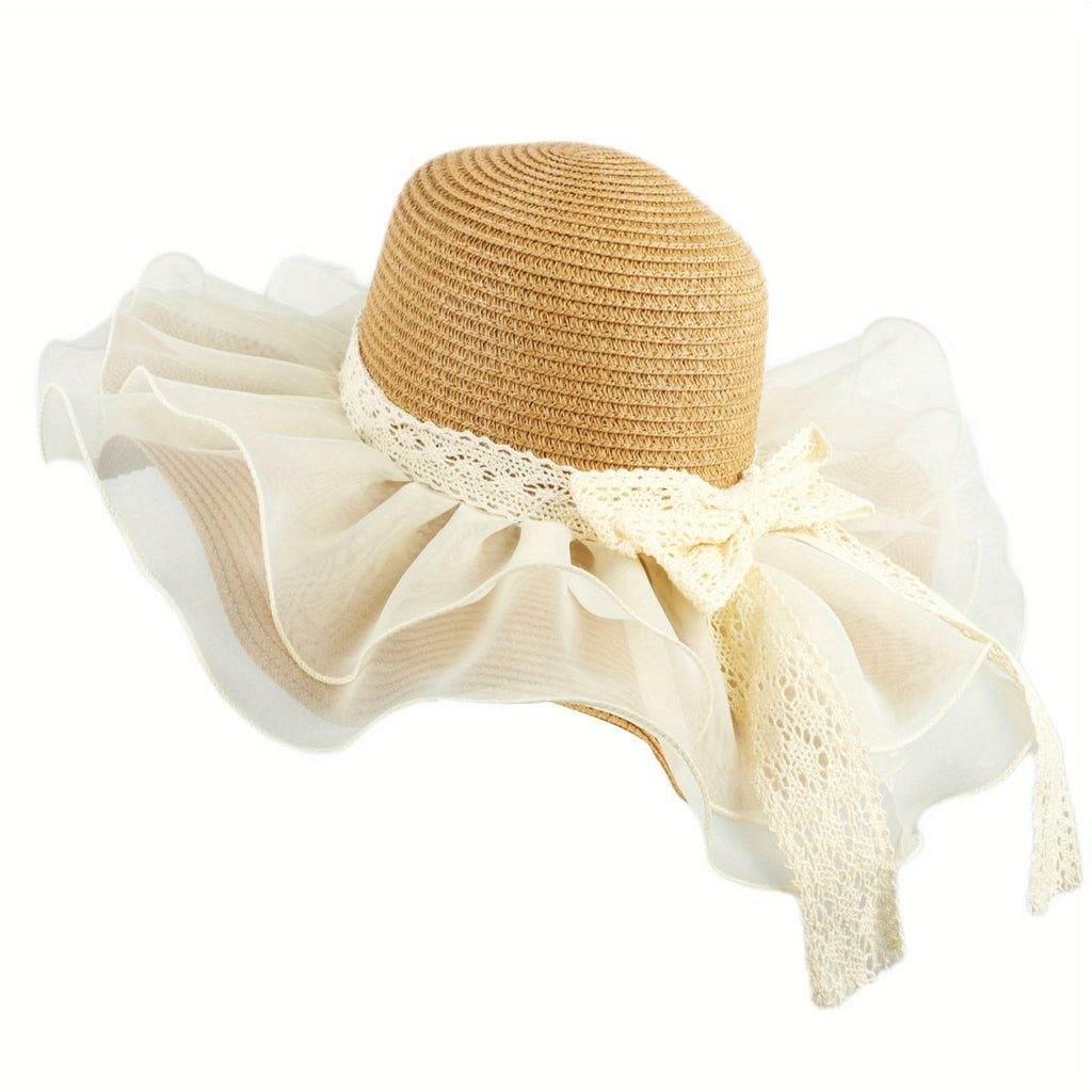 Women's Linen Straw Bucket Hat with Bow – Mesh Patchwork Wide Brim Sun Visor