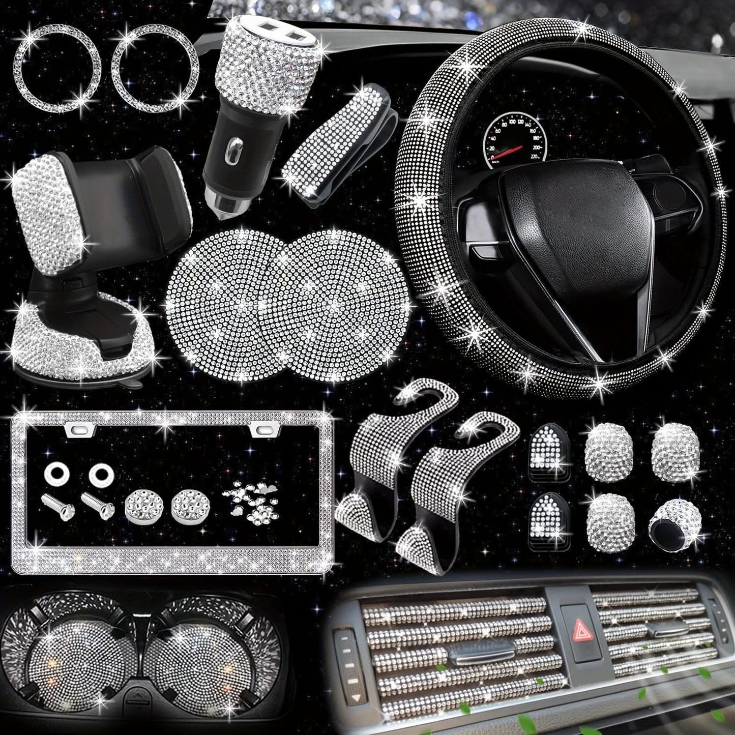 Bling Car Interior Accessories Set – 27 Pcs, Universal Fit