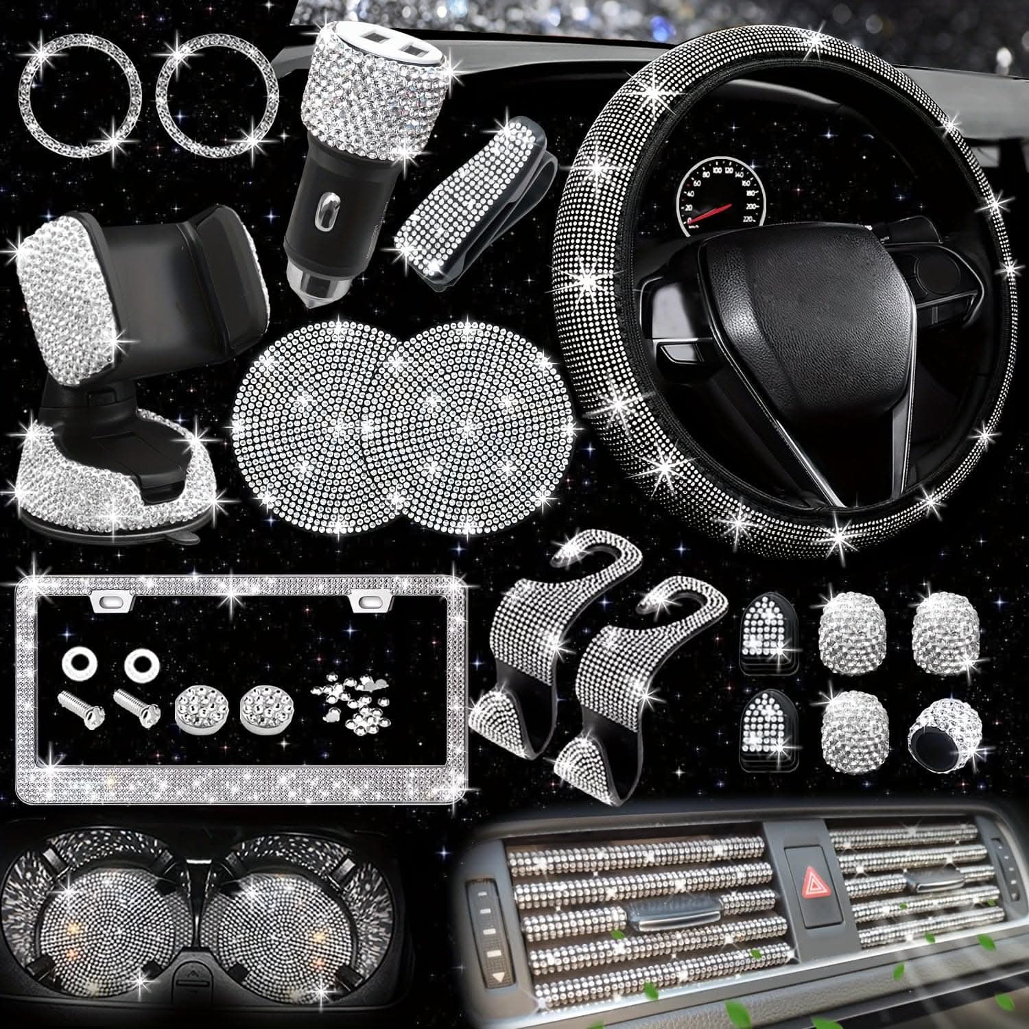 Bling Car Interior Accessories Set – 27 Pcs, Universal Fit