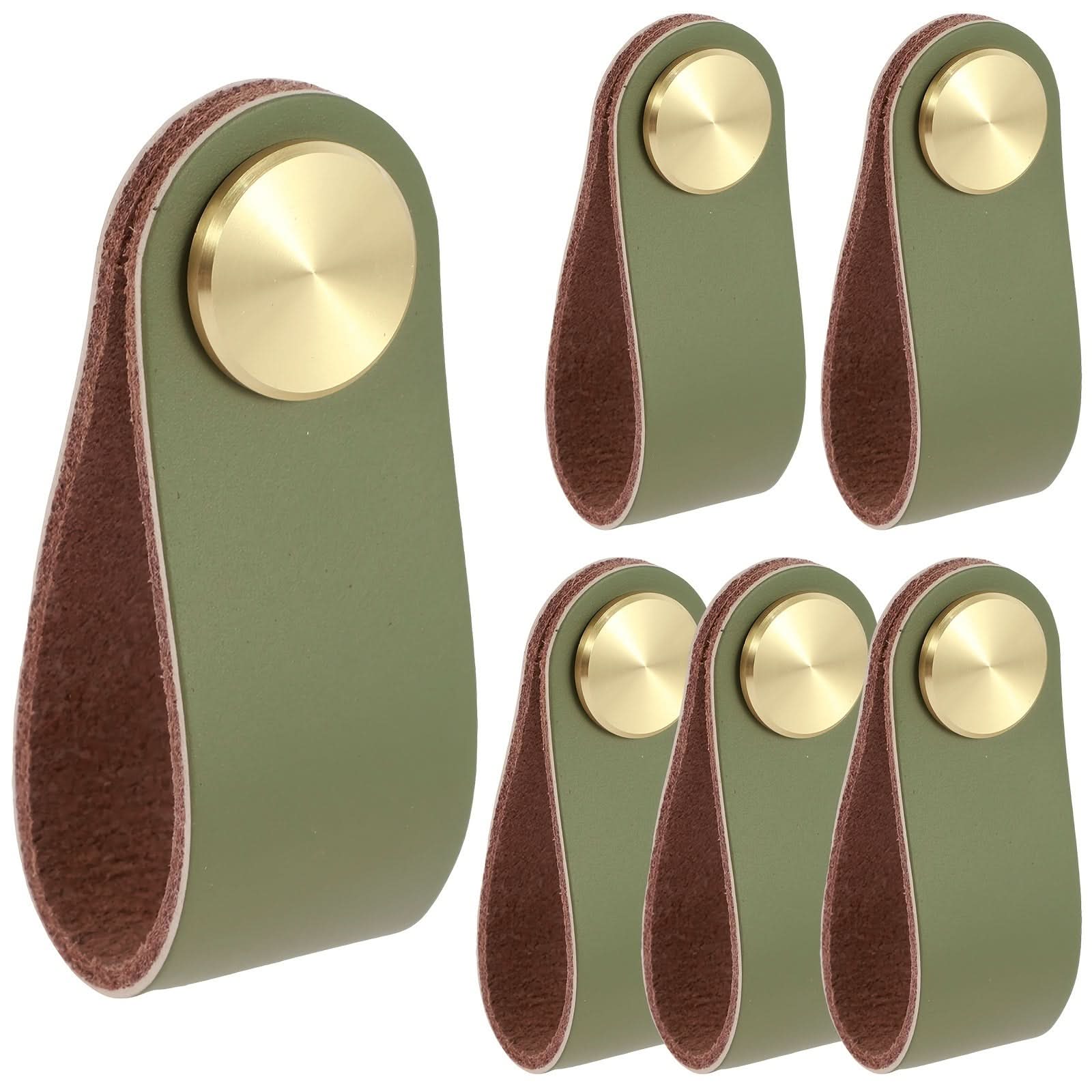 6-Pack Leather Drawer Pulls – Thickened Cabinet Handles with Brass Accents