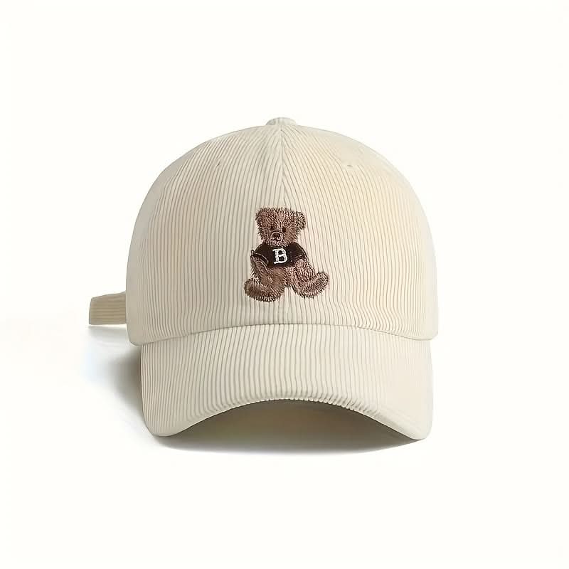 Unisex Corduroy Baseball Cap with Embroidered Bear