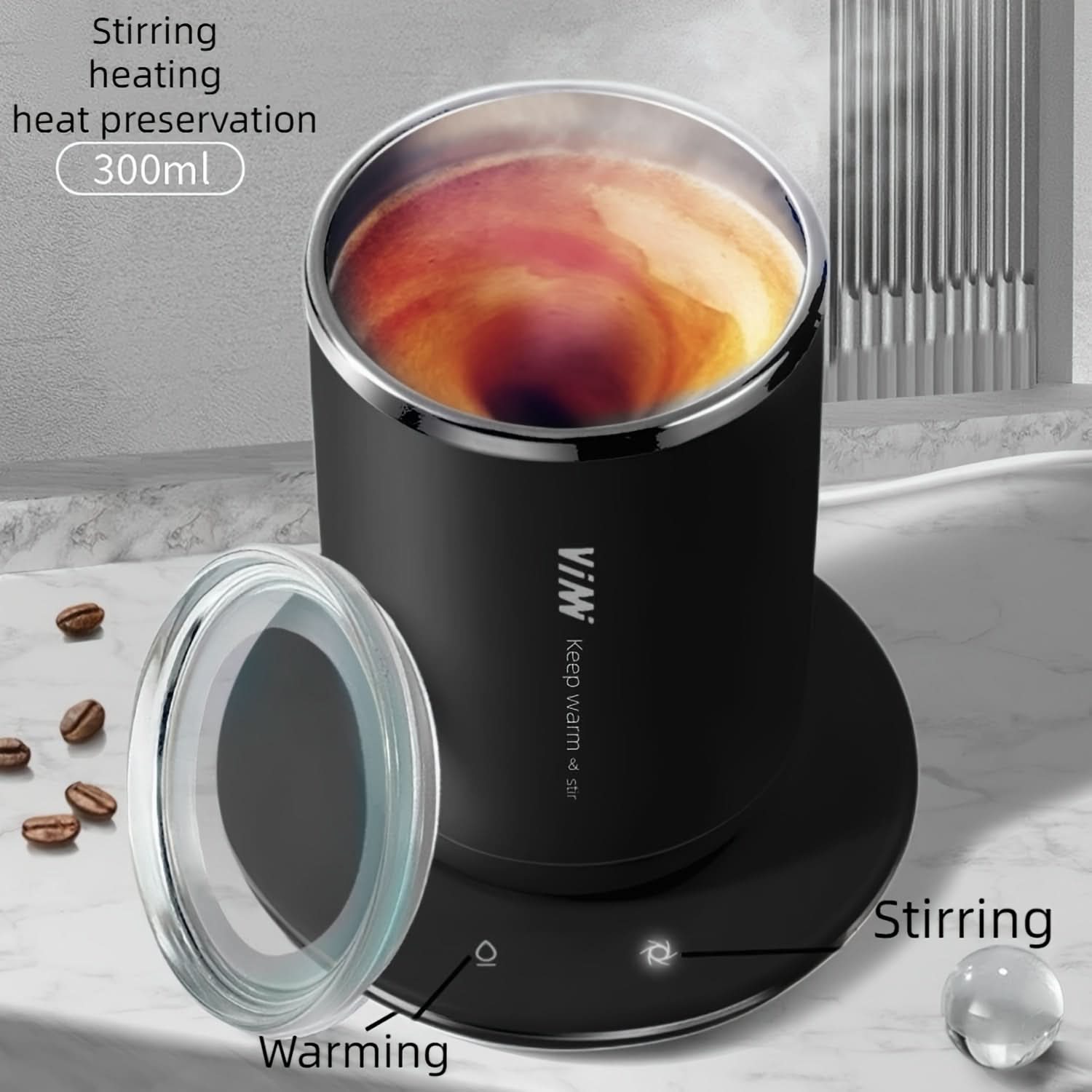 Smart Heat Self-Stirring Mug - Auto Heating, Insulated Stainless Steel Coffee Cup