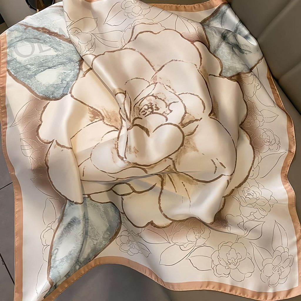 Vibrant Lotus Print Square Scarf – Soft Polyester, Sun Protection, Elegant Headscarf for Women
