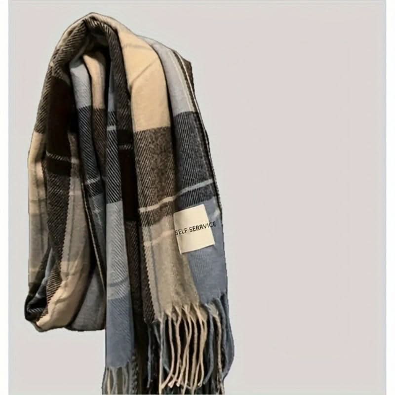 Men's Handmade Plaid Scarf with Tassels – Warm, Knitted Polyester for Fall/Winter