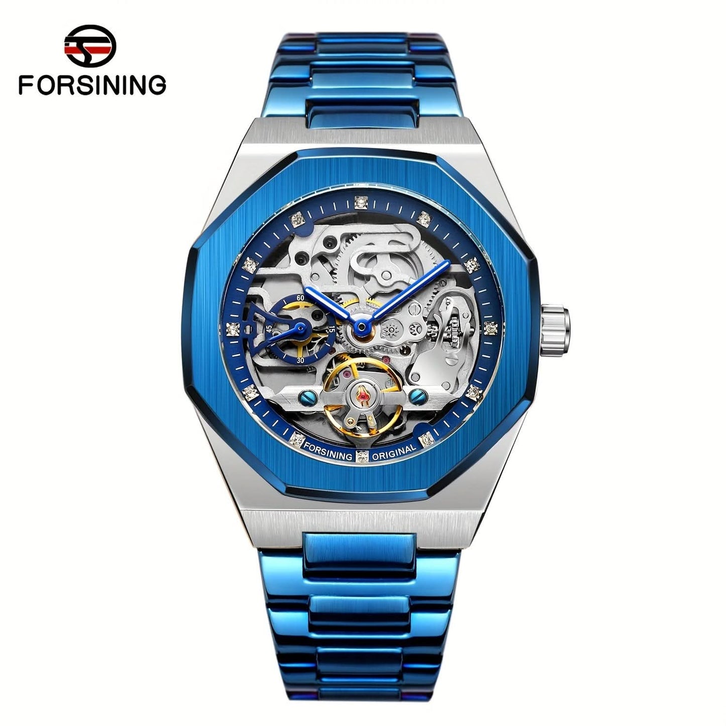 Men's Blue Skeleton Automatic Watch – Stainless Steel, Luminous Hands