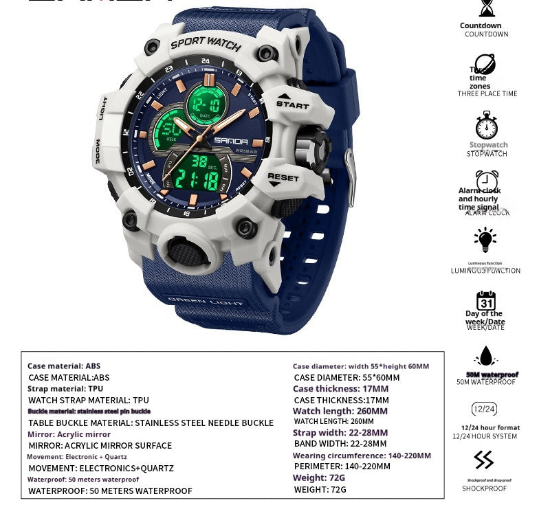 Sanda 6198 Sports Waterproof Electronic Watch for Men