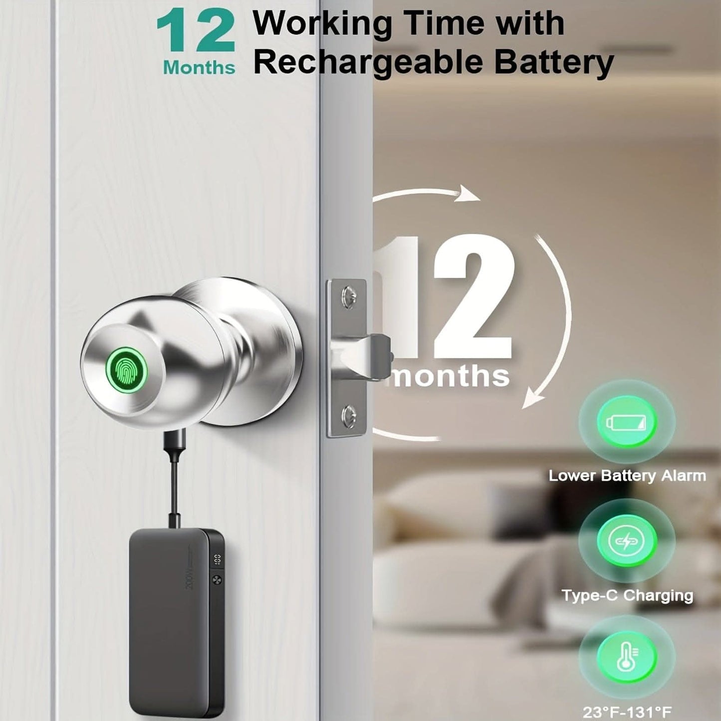 Smart Biometric Fingerprint Door Lock - App Control & Rechargeable