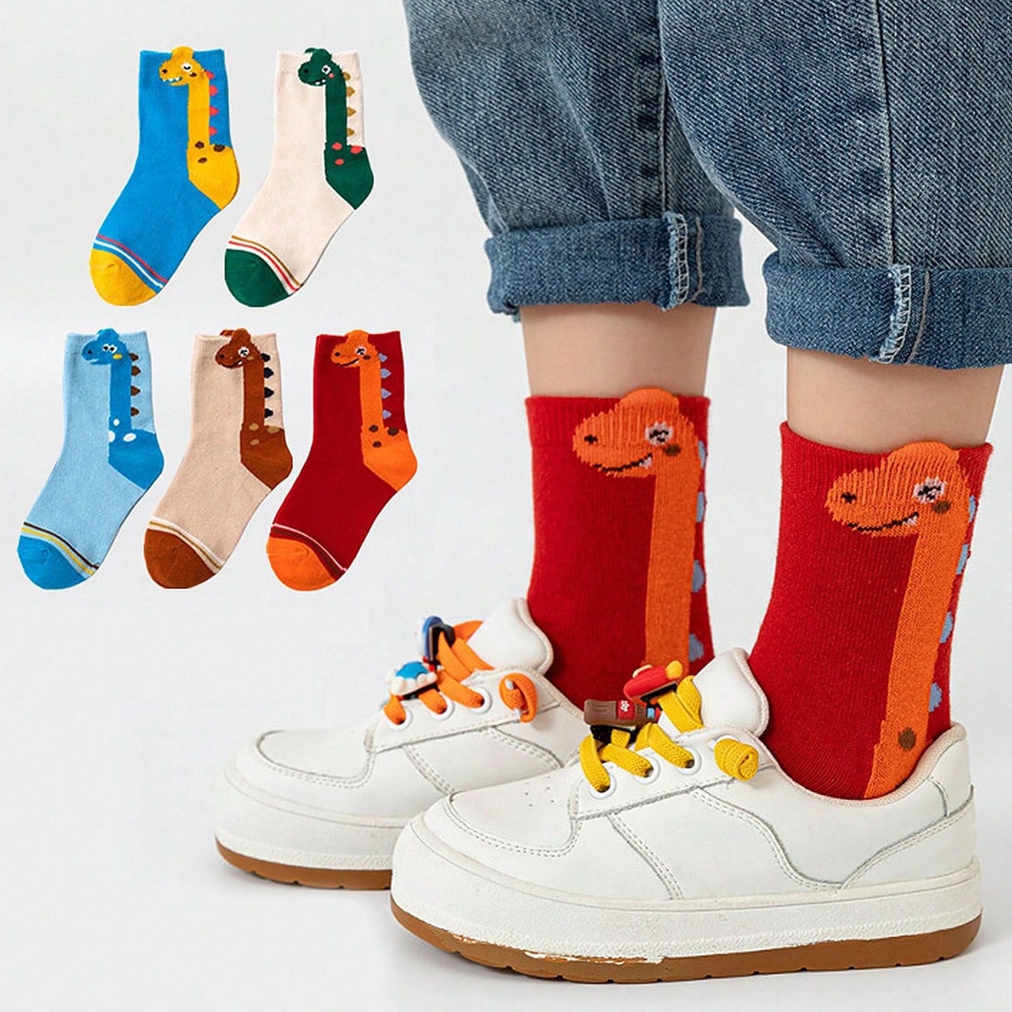 5 Pairs Boys' Cartoon Dino Crew Socks – Comfy