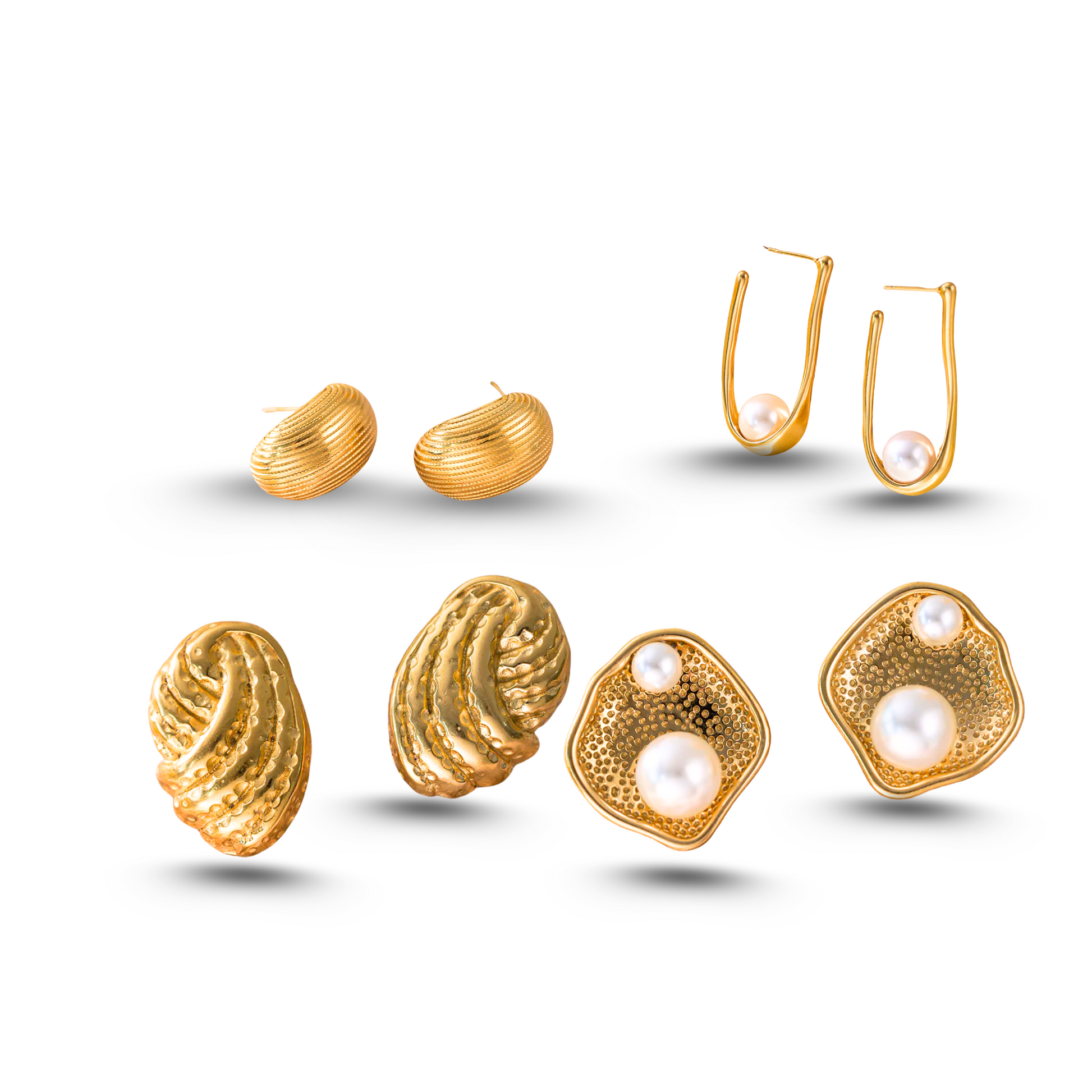 Golden Pearl Titanium Steel Earrings – Textured Stud & Drop Design (Combo of 4)