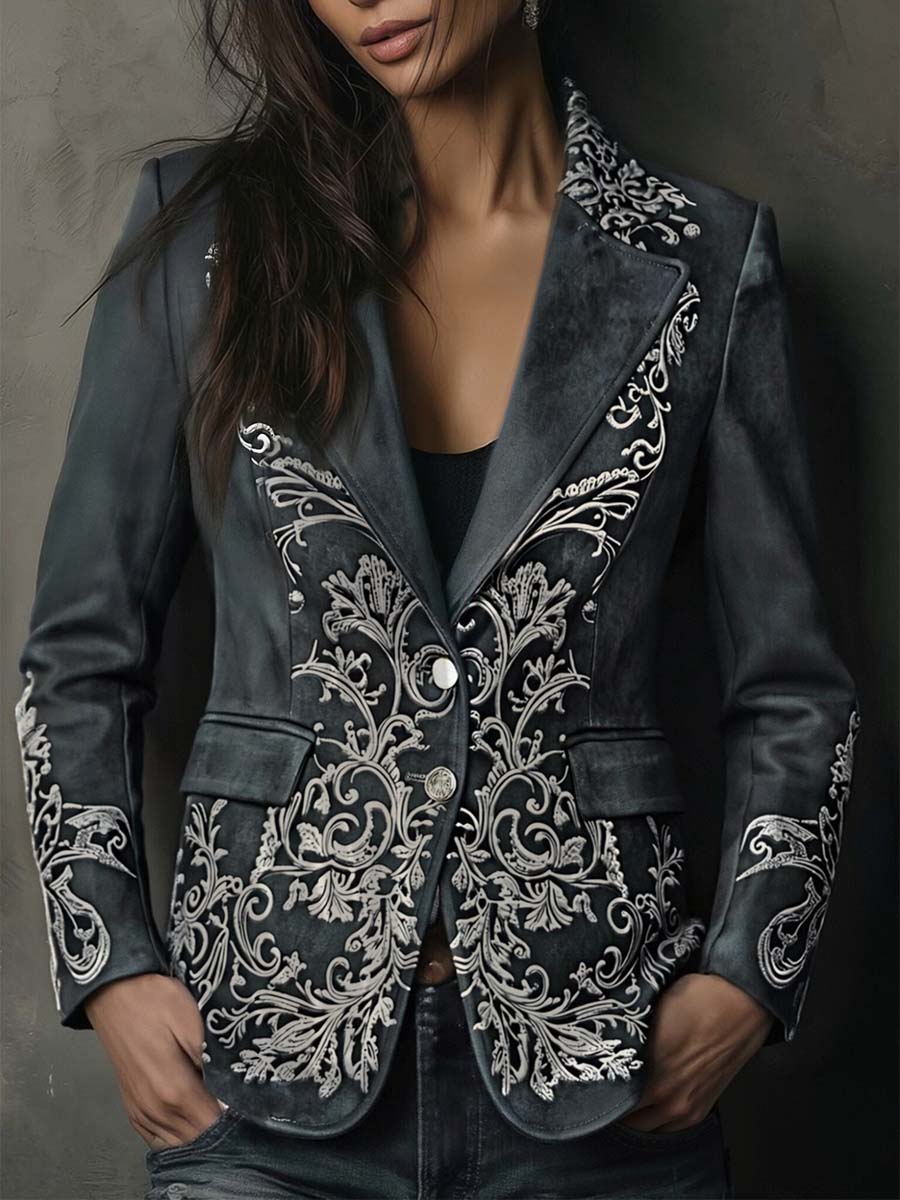 Embossed Floral Eco-Suede Blazer In Charcoal Taupe