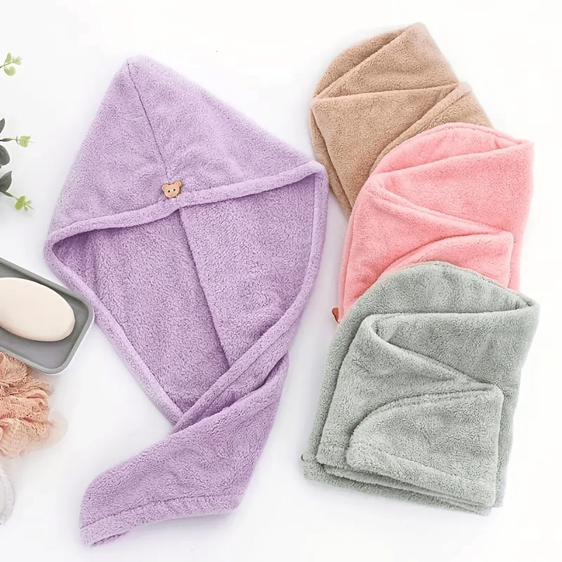 Ultra-Soft Coral Fleece Hair Drying Towel – Quick-Dry, Odor-Free, Cute Bear Button