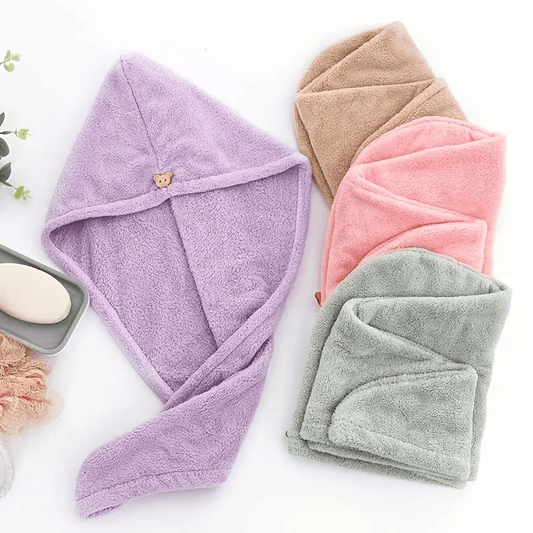 Ultra-Soft Coral Fleece Hair Drying Towel – Quick-Dry, Odor-Free, Cute Bear Button