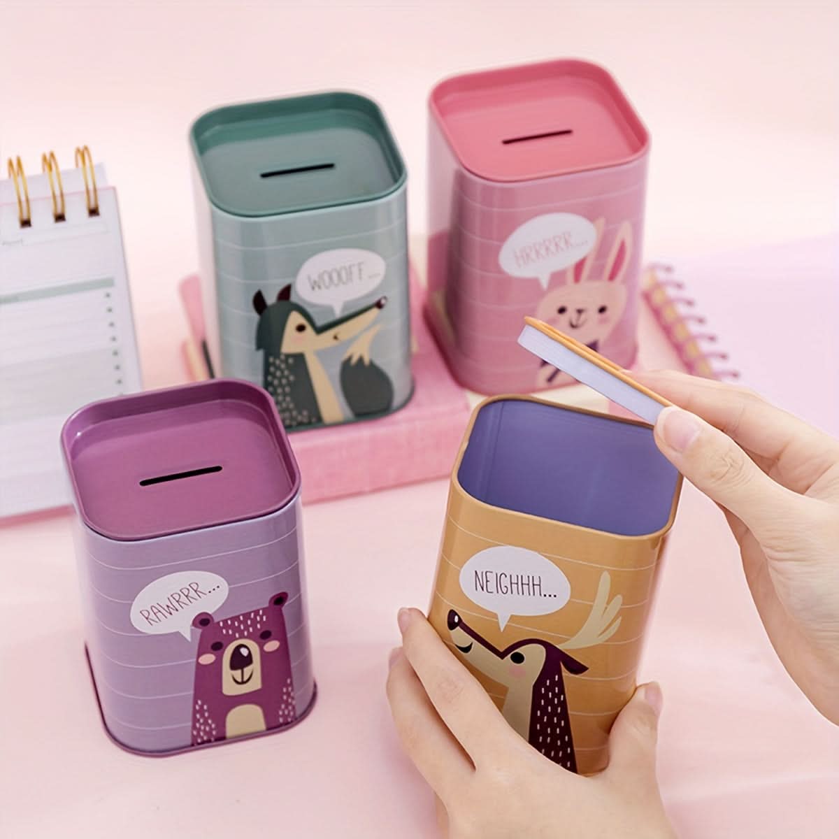 Cartoon Animal Square Iron Penny Bank – British Style Coin Storage for Baby Gifts
