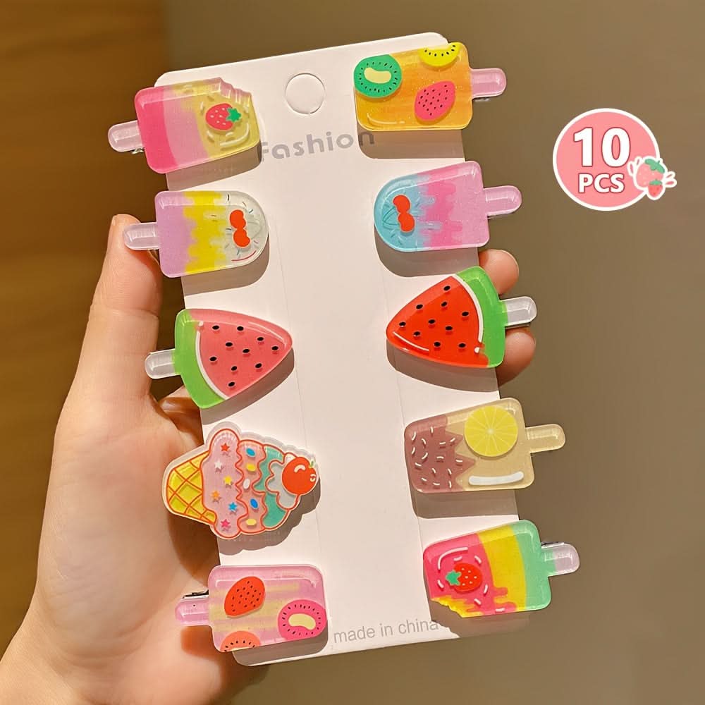 10pcs Cute Cartoon Popsicle Hair Clips – Colorful Acrylic Hair Accessories