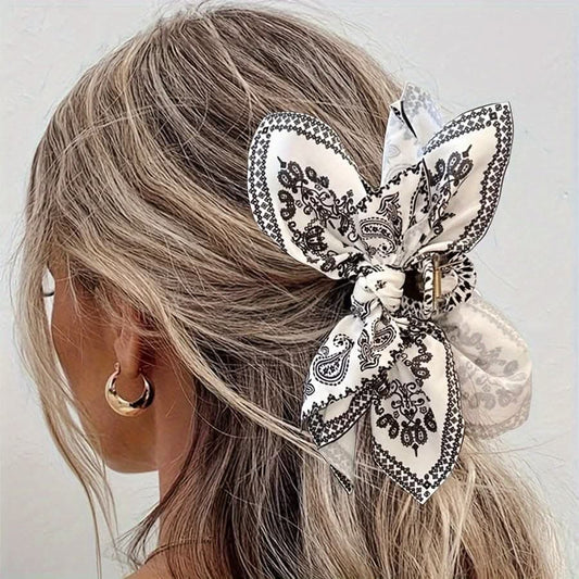 Vintage Butterfly Hair Claw with Bow and Tassel – Bohemian Style Fabric Hair Clip