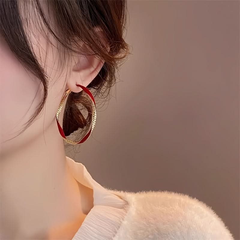Gold Red Resin Twist Hoop Earrings – Boho Style