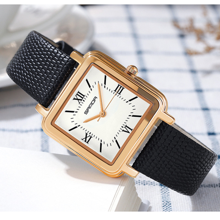 SANDA Women’s Square Quartz Watch – Retro Leather Strap with Roman Numerals