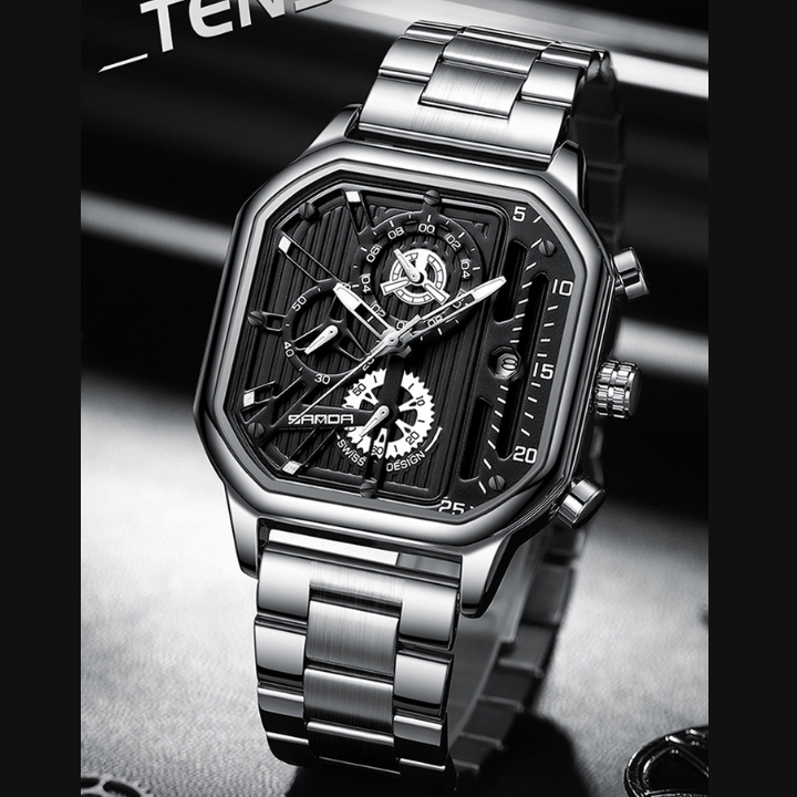 SANDA Men's Stainless Steel Square Quartz Watch – Multifunction Calendar Waterproof Timepiece