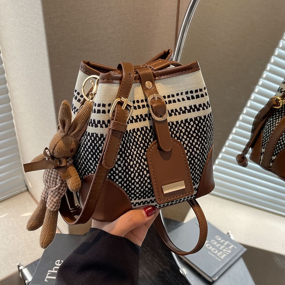 Women's Mini Contrast Color Canvas Shoulder Bag with Bunny Pendant