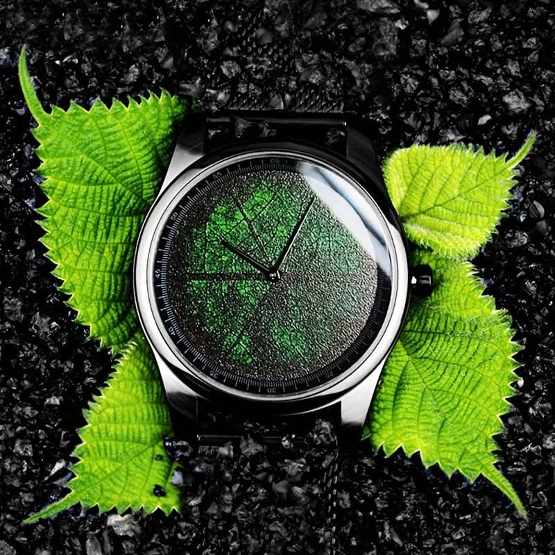 Men's Funky Quartz Watch with 3D Leaf Vein Dial – Unique Texture, Stainless Steel Strap