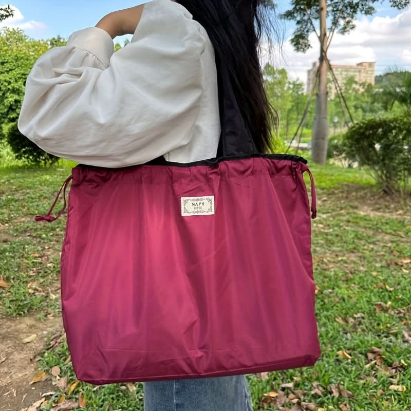 Monochrome Drawstring Shoulder Bag - Stylish & Foldable