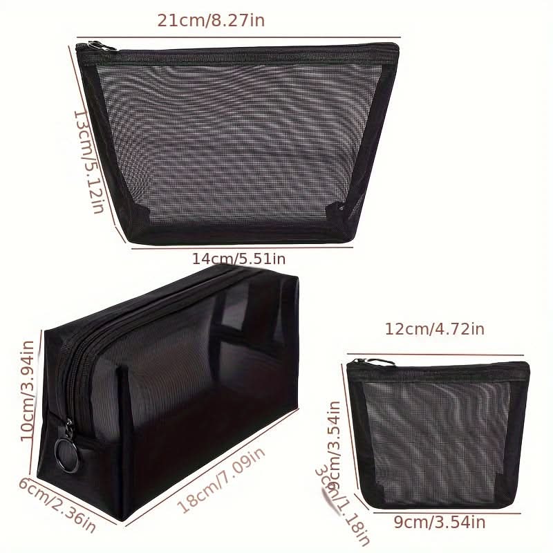 3-Piece Set Nylon Mesh Makeup Bags - Lightweight Travel Organizers