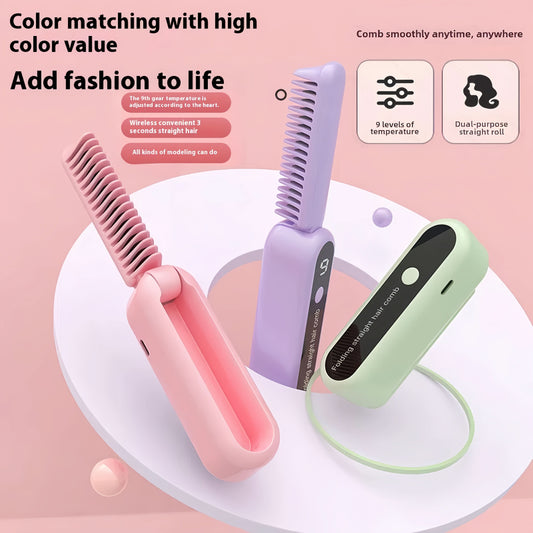 2-in-1 Portable Hair Straightener & Curler – USB Rechargeable, Negative Ion Styling Tool