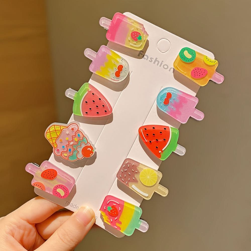 10pcs Cute Cartoon Popsicle Hair Clips – Colorful Acrylic Hair Accessories